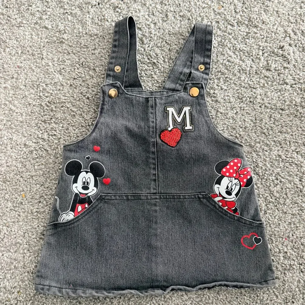 Disney Junior Overall Dress Girls 18M Gray Denim Pockets Adj Straps Minnie Mouse